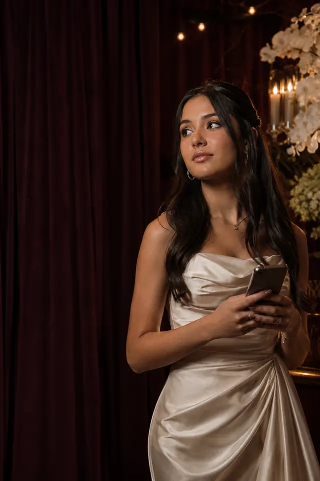 Debutante olhando o convite no celular