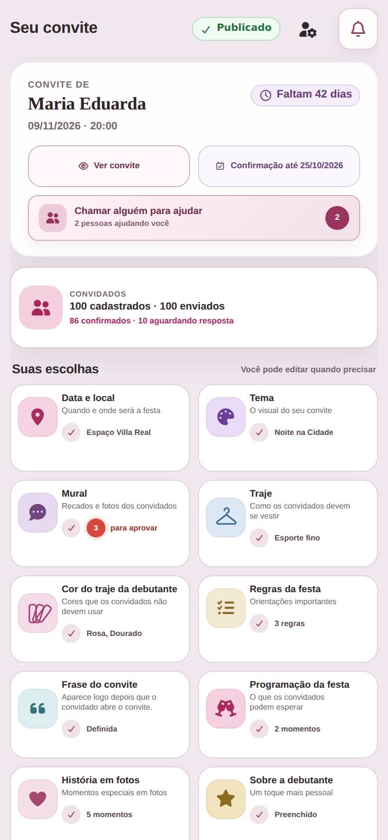 Espaço da debutante no capitulo15.com: convite publicado, faltam 42 dias, 86 confirmados, 10 aguardando resposta, 3 recados para aprovar no mural